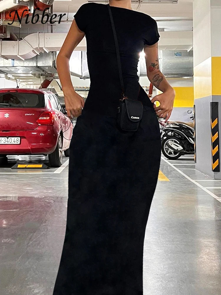 Nibber Solid Sexy Backless Maxi Dress Women Elegant Elastic Slim Short Sleeve Long dresses Female Bodycon Streetwear Clothing 250311