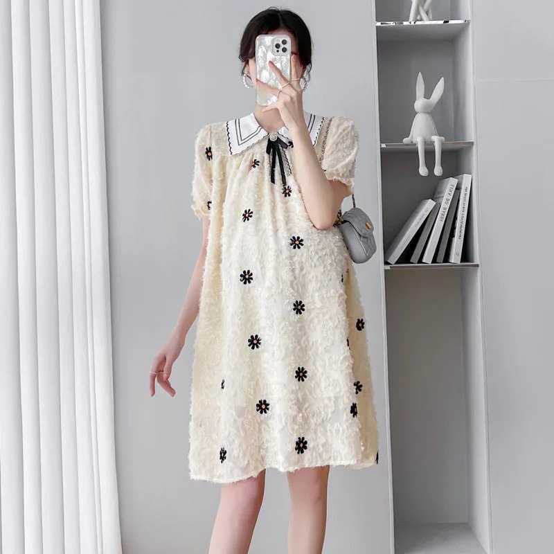 Summer Korean Fashion Maternity Dress Beading Ruffle A Line Loose Clothes for Pregnant Women Sweet Pregnancy ClothingT250311