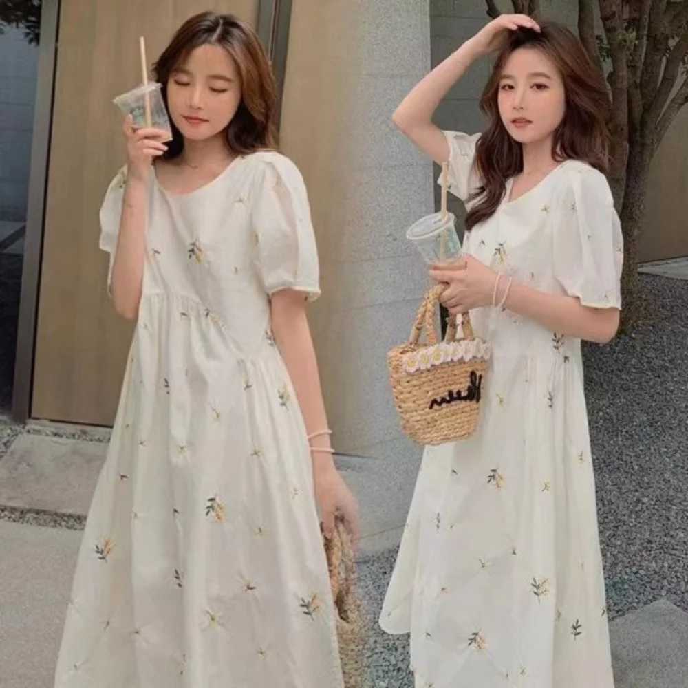 Pregnacy Dress Bowknot Dress Women Bubble Sleeves Chiffon Small Flower Printing Maternity Clothing Pregnant Woman ClothesT250311