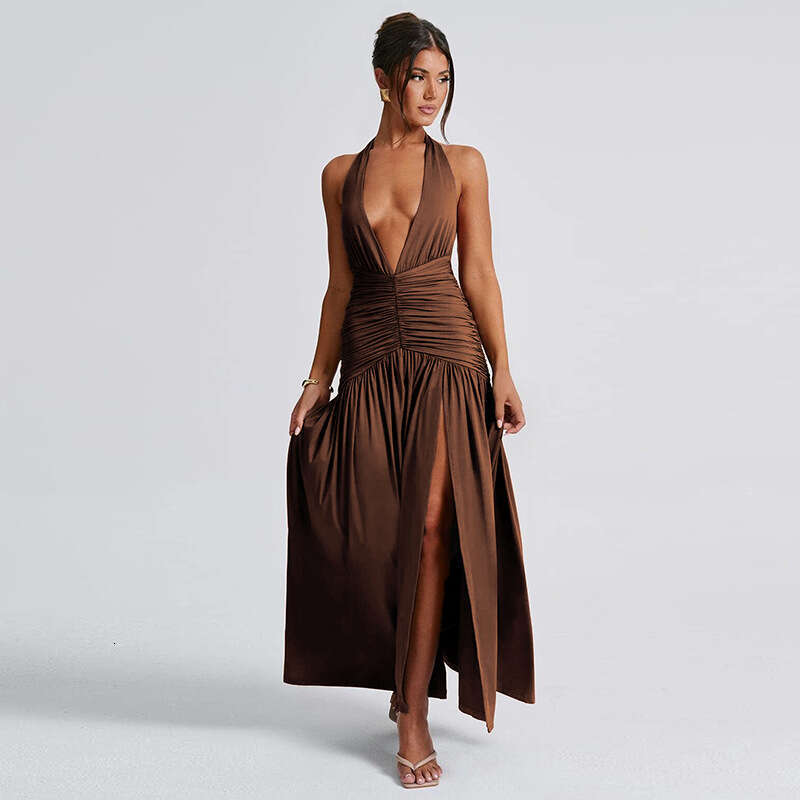 European and American style summer women's temperament hanging neck V-neck long skirt sexy slit pleated backless dress 2025 new casual fashion tr
