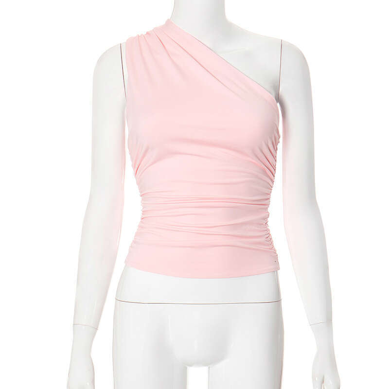 Y23TP703 European and American winter color single shoulder backless pleated vest top T-shirt, women's 2025 new casual fashion trend clothing