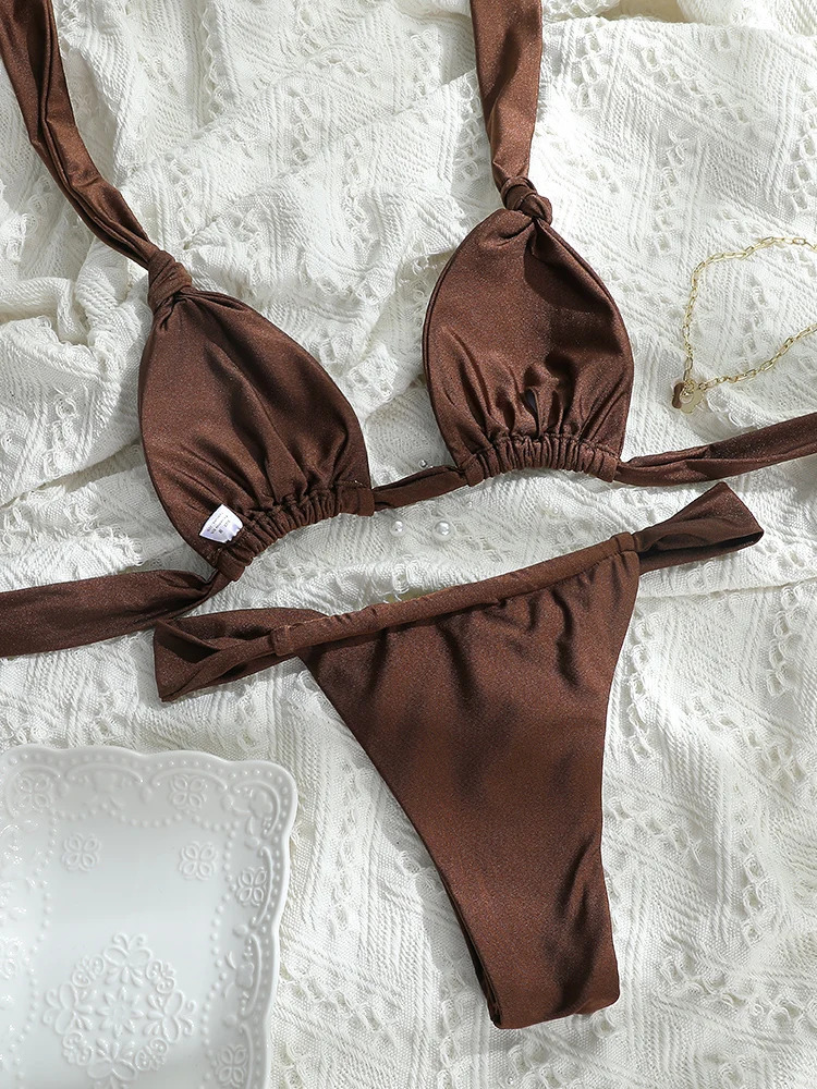 Tiedown Bikini for Women Triangle Swimwear Bathing Suit Brazilian 2Piece Folds Set solid Push Up Swimsuit 250310