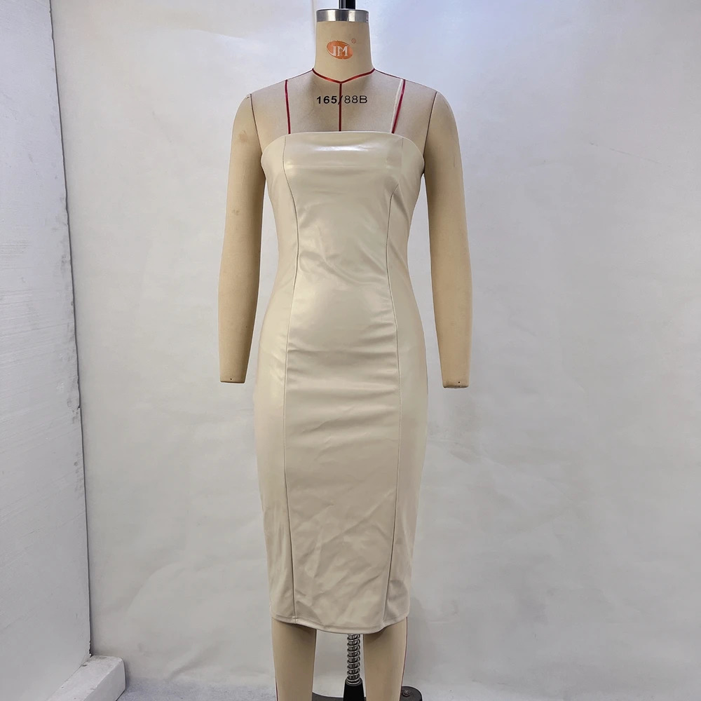 Autumn And Winter Fashion Solid Color PU Leather Sexy Strapless Waist Cinching Package Hip Dress For Women 250311