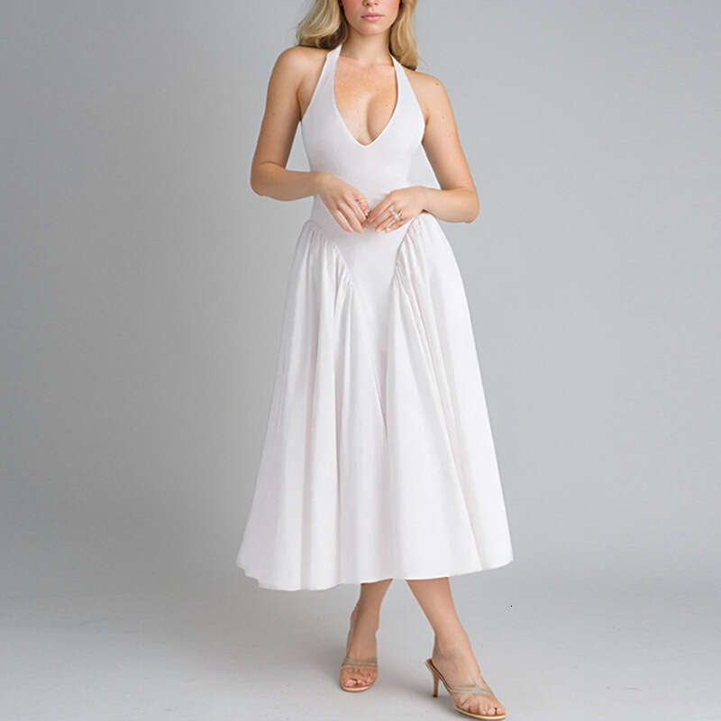 2025 Spring Women's New Sexy Fashion Hanging Neck Solid Color Sleeveless Waist Swing Dress KLMY