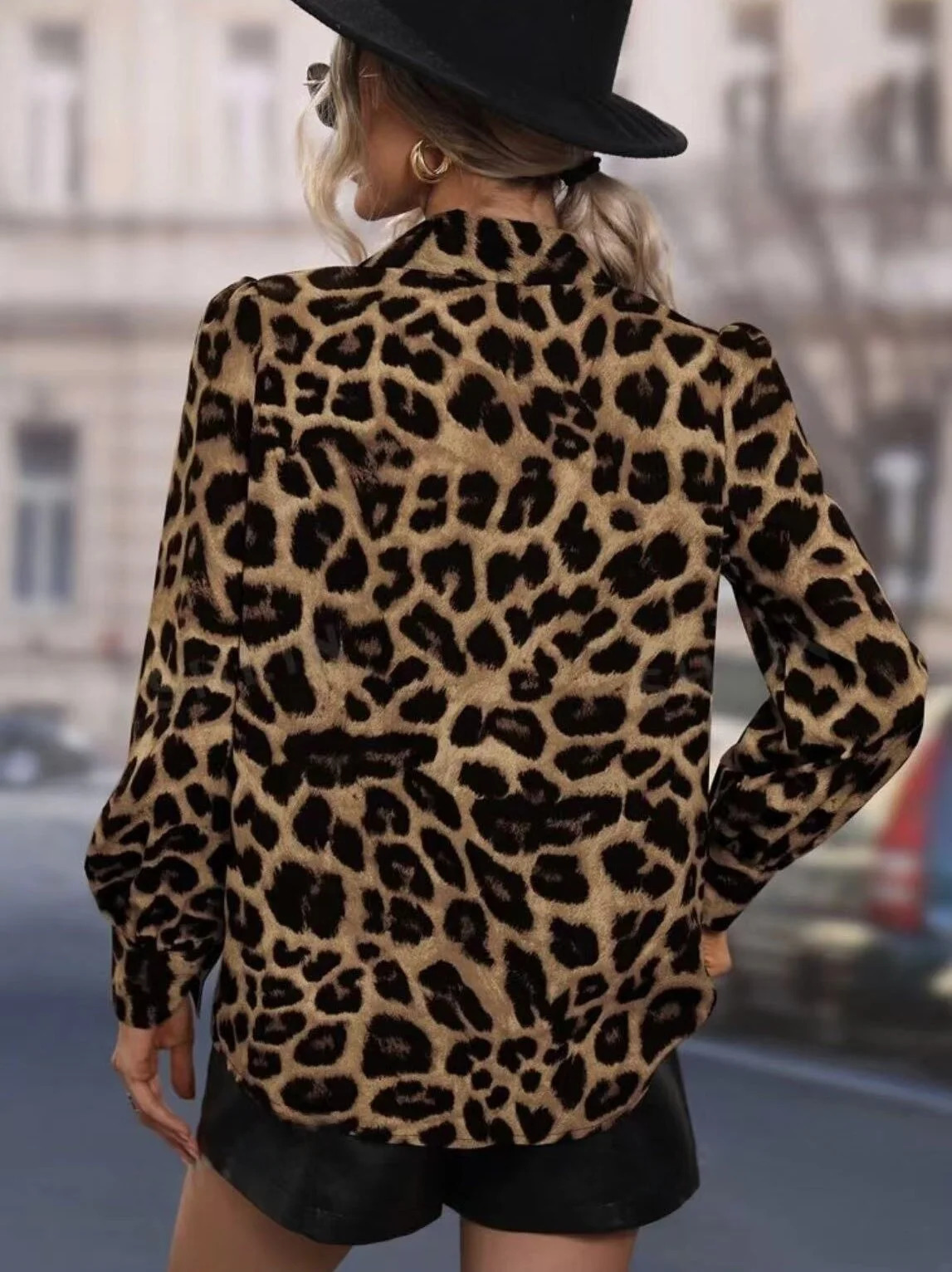 European and American leopard print stylish blouses autumn womens clothing slim bubble sleeves shirt women 250311
