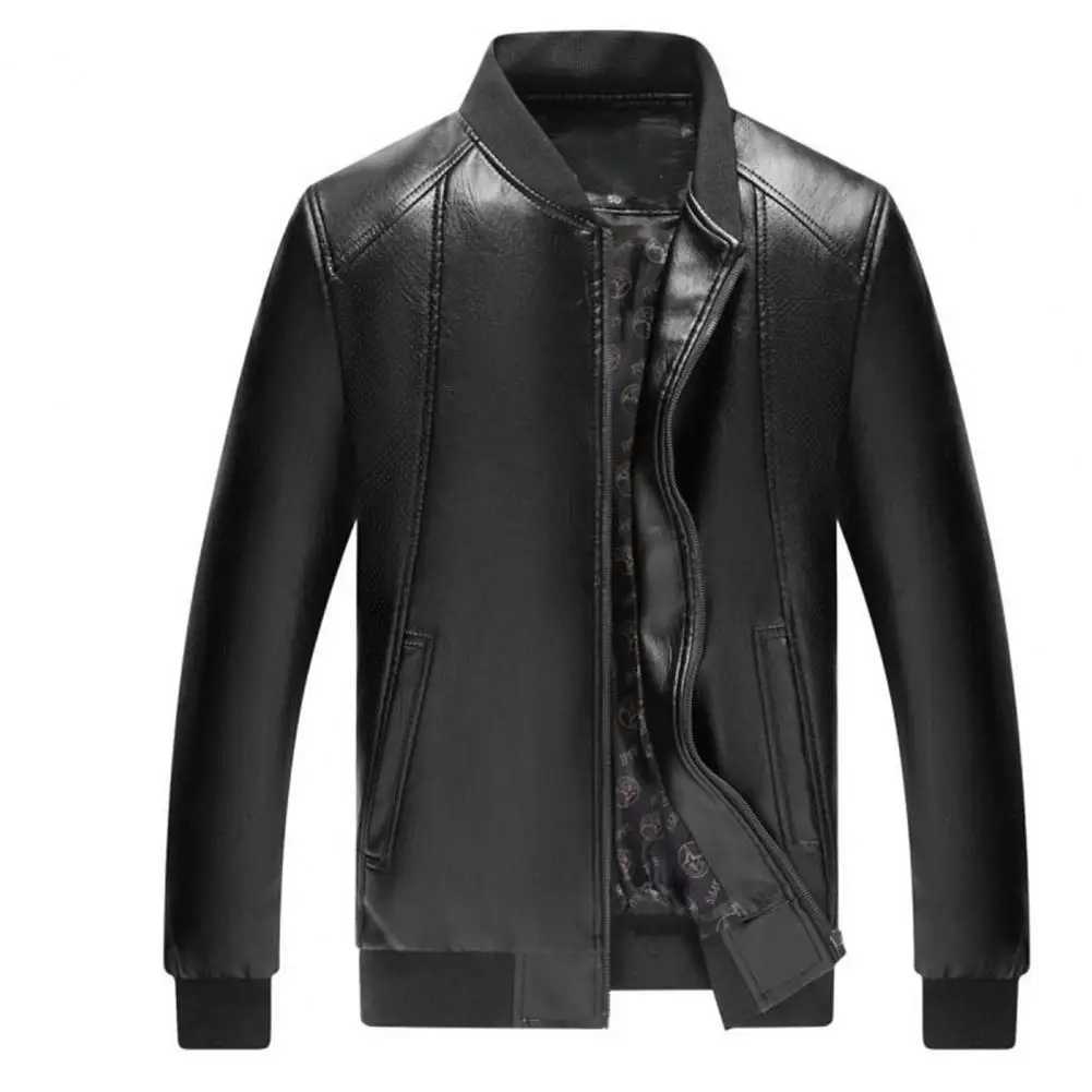 Men Jackets Coat Warm Plush Lining Stand Collar Leather Jacket Bomber Motorcycle Jacket Biker PU Baseball Jacket Men OuterwearT250311