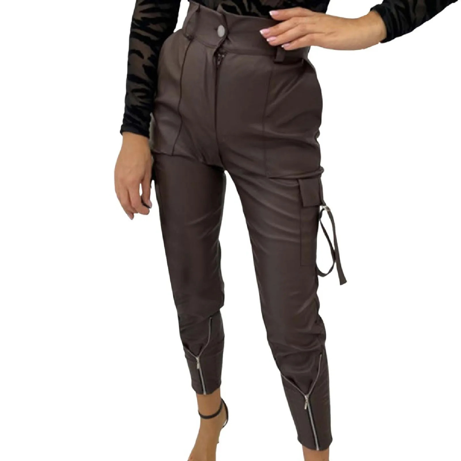 AutumnWinter Punk Style Pu Leather Pants Small Leg Elastic Waist Pants Lace Long Pocket Trouser Womens Leather Pants 250305