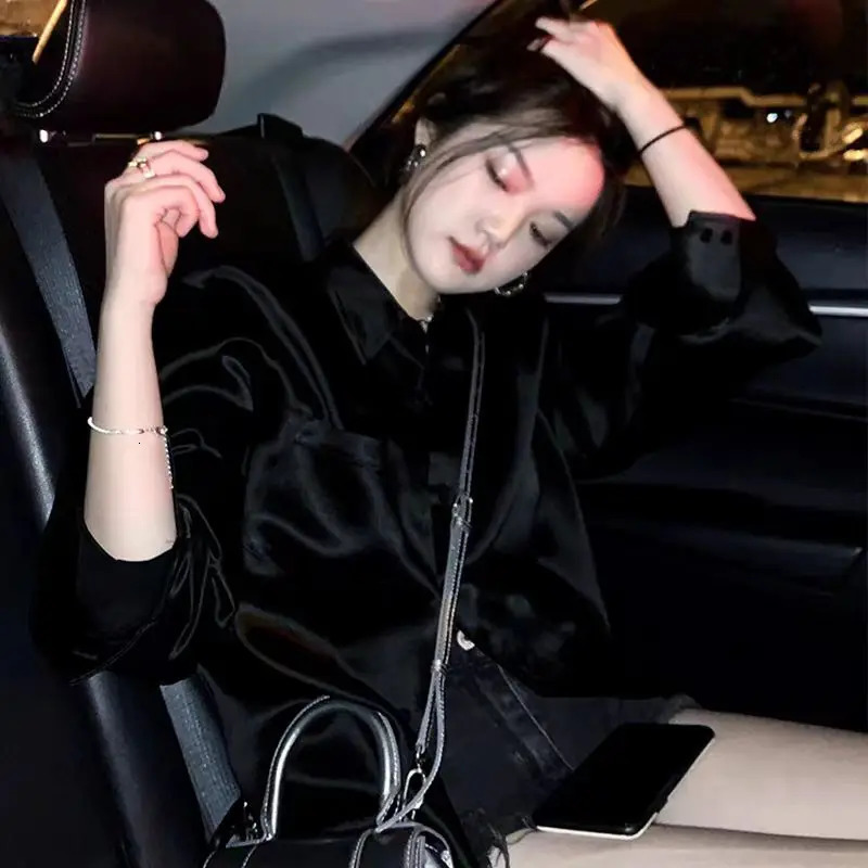 Spring White Satin Women Shirts Long Sleeve Button Solid Color Blouse Casual Office Lady Shirt Elegant Female Tops Fashion 250310