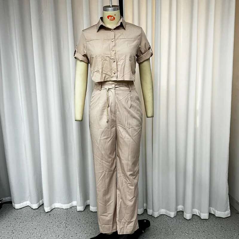 Wefads Two Piece Women Summer Casual Solid Lapel Single Breasted Button Short Sleeve Top With Belt Wide Legs Pants Set