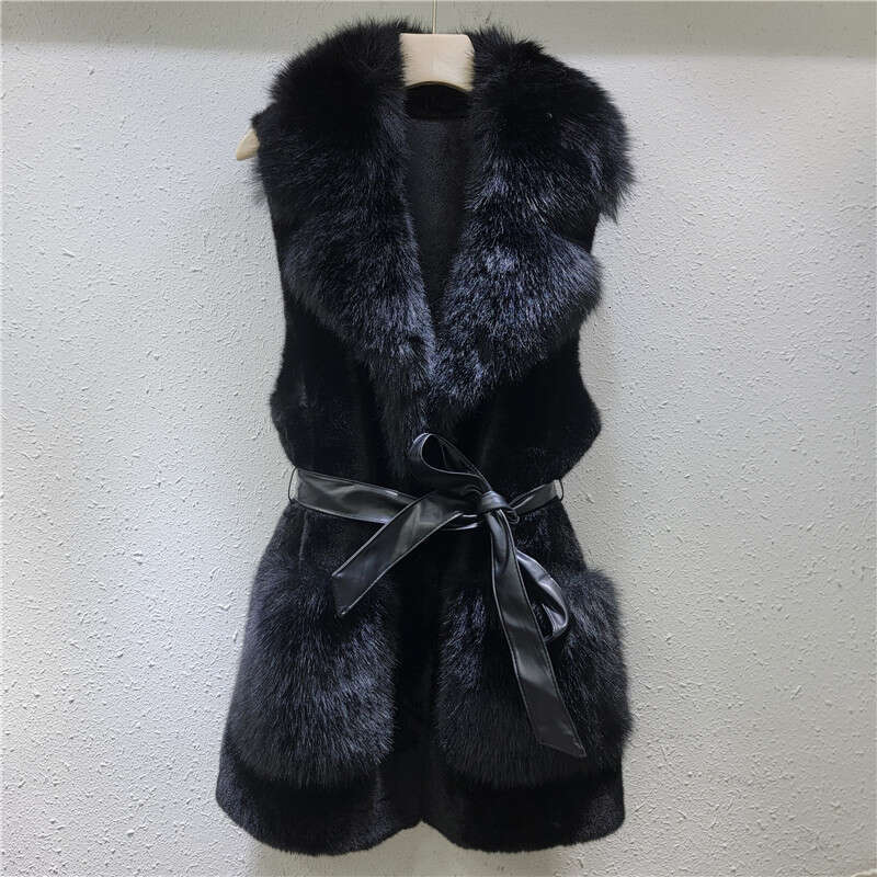 2024 Autumn And Winter New European Vest Women's Mid To Long Style Lapel Strap Pocket Simulation Mink Fur Grass Clip