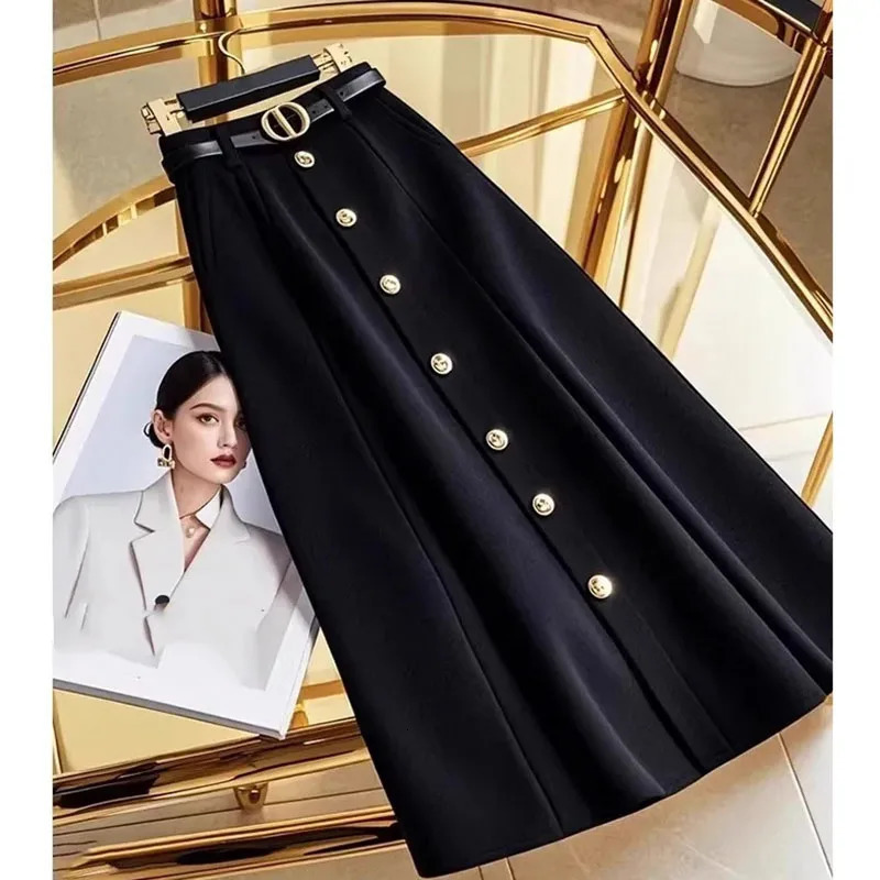 Highend Ladies Aline Long Skirts Autumn Winter Feminine Solid Color High Waist Skirt Korean Women Fashion Leisure Maxi Ski 250311