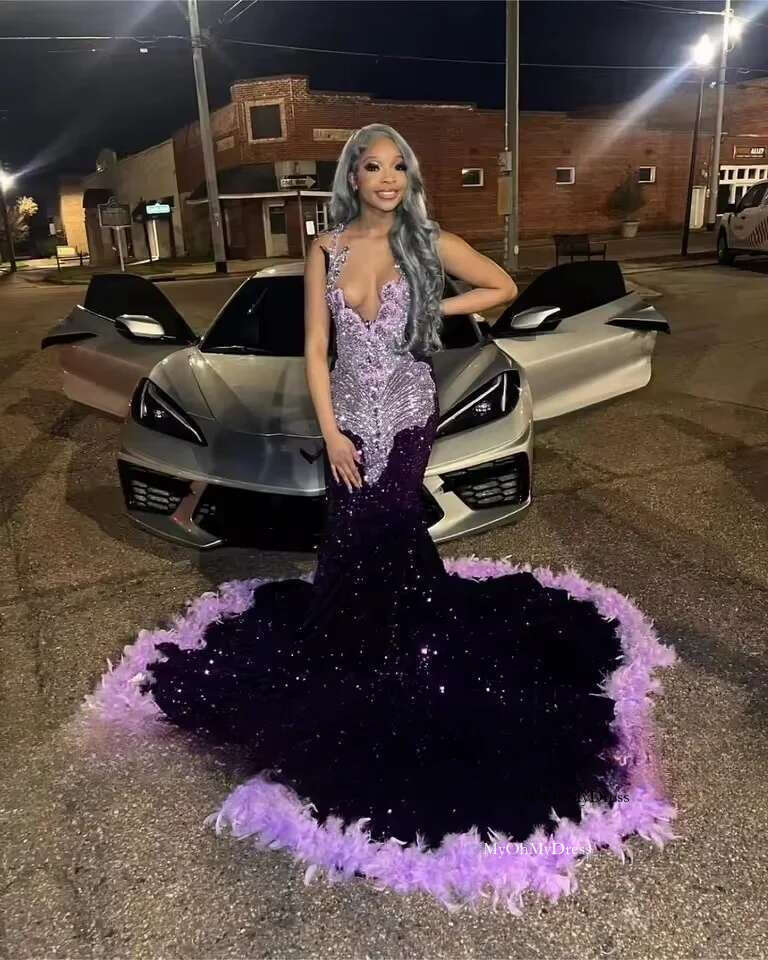 Sparkly Purple Sequins Long Prom Dress 2025 For Black Girls Bead Crystal Evening Feathers Birthday Party Gown Customized