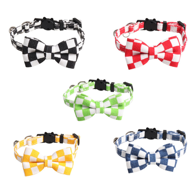 Cat Collar Breakaway Kitten Collar with Bell and Bow Tie Adjustable Classic Chessboard Pattern Plaid Cat Collar Cute Safety Pet Collar for Cats and Sm