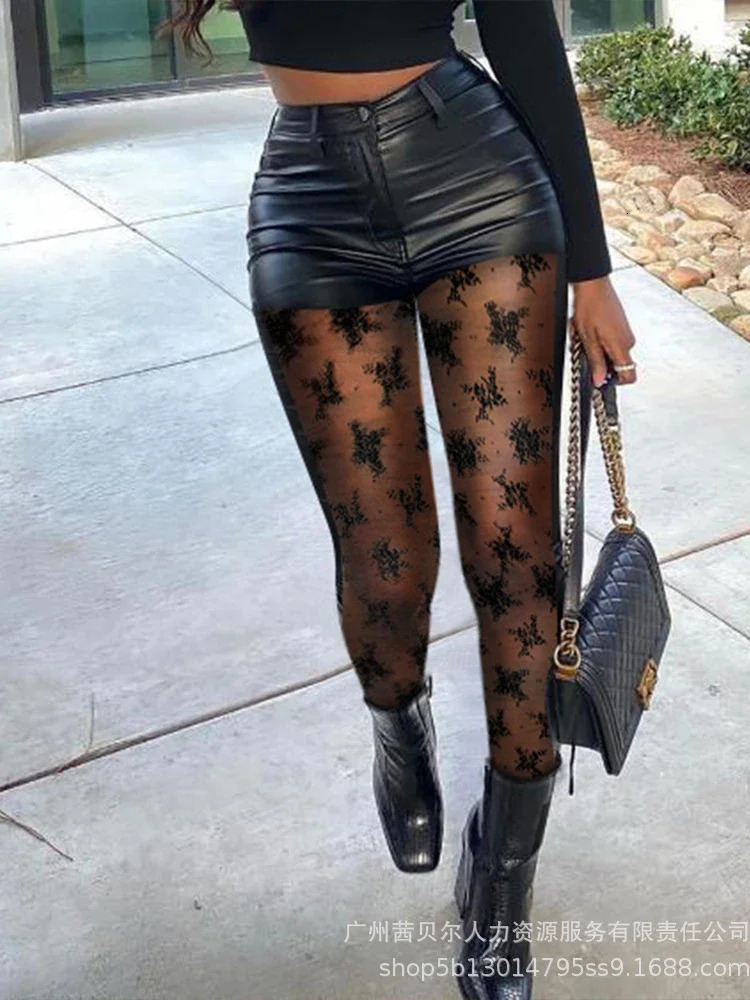 Leather Pants Women Slim Fit Button Midi Waist Pencil Pants Solid Lace Splice Capris Spring 2024 Slight Strech High Street 250305