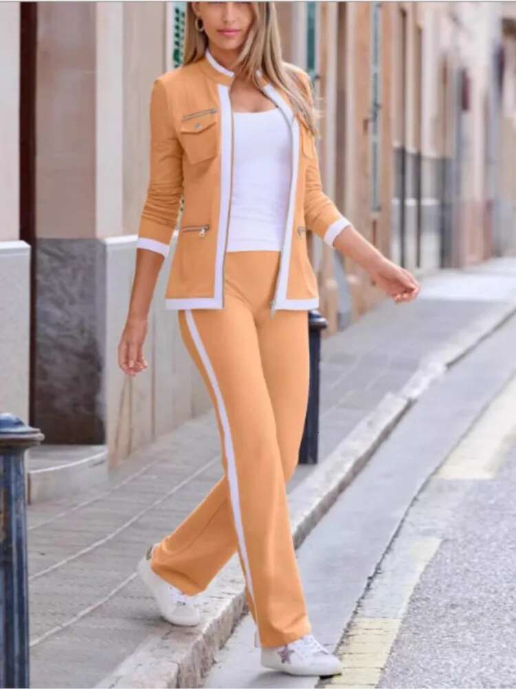 2 Piece Outfit Winter Fall Fashion O-Neck Long Sleeve Zipper Top Coat Elegant Straight Pant Set Women Sports Clothing
