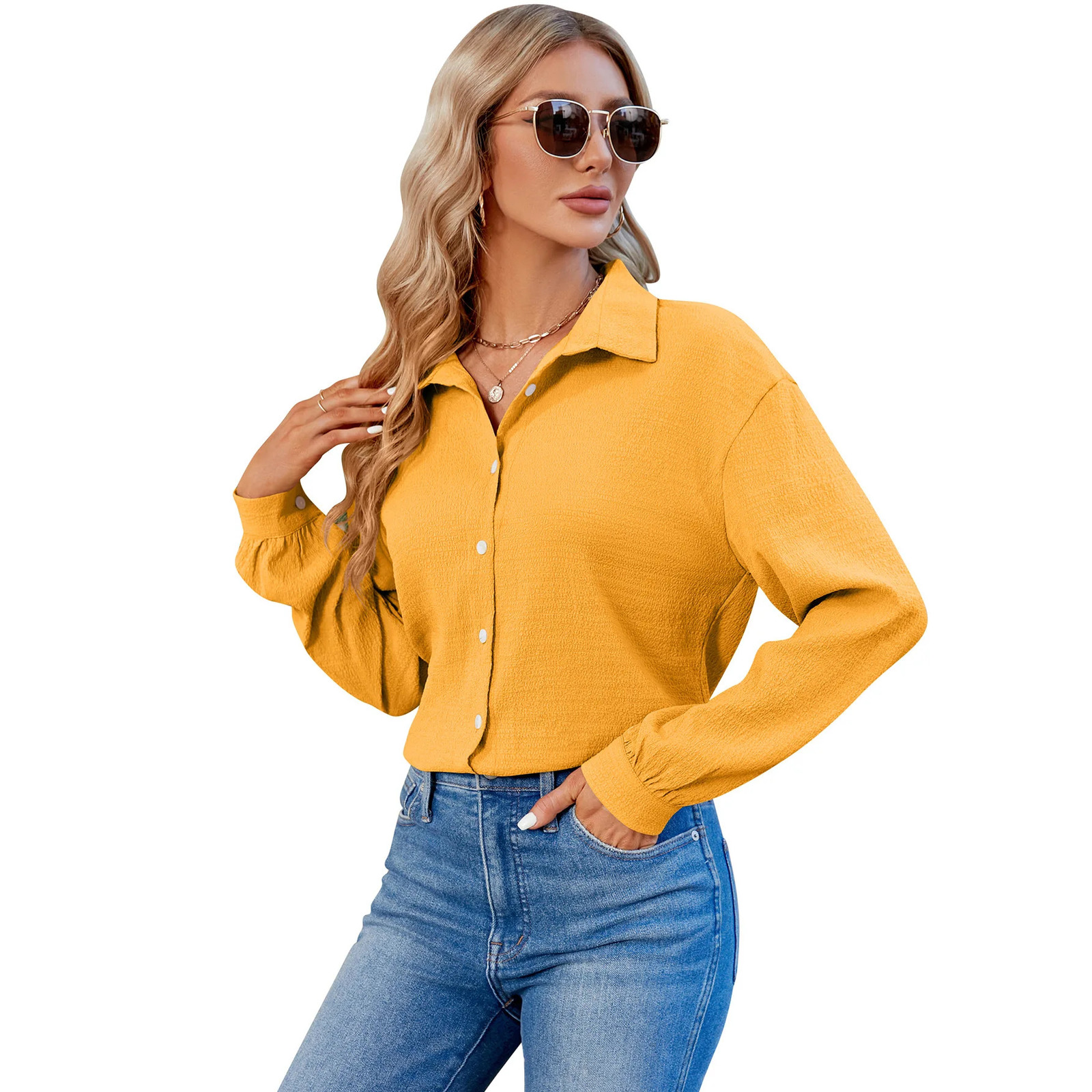 YJKDYK Spring Autumn Womens Blouses Top With Sleeves Female Solid Color Bubble Wrinkled Commute Loose Shirt 250311