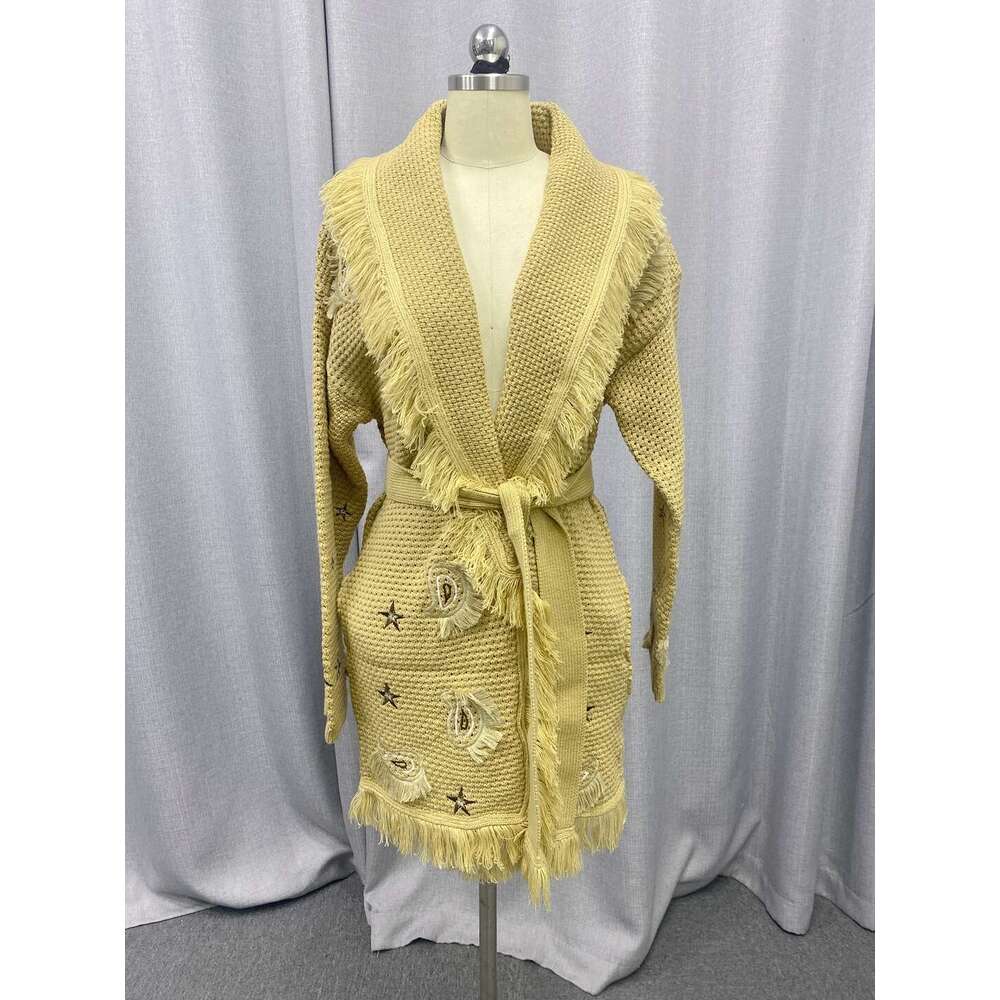 Australian Hand Hook Hollow Tassel Cardigan Niche Contrasting Color Cashew Flower Embroidery Knitted Jacket For Women