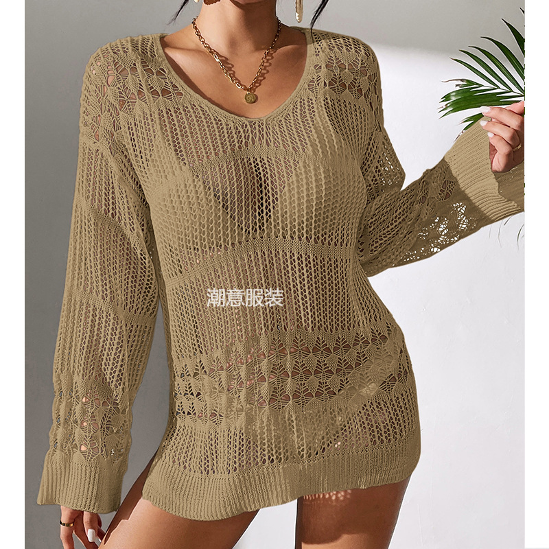New Vacation Sexy Hollow Texture Loose Fitting Pullover Fashionable Sun Protection Shirt, Mid To Long Beach Cover