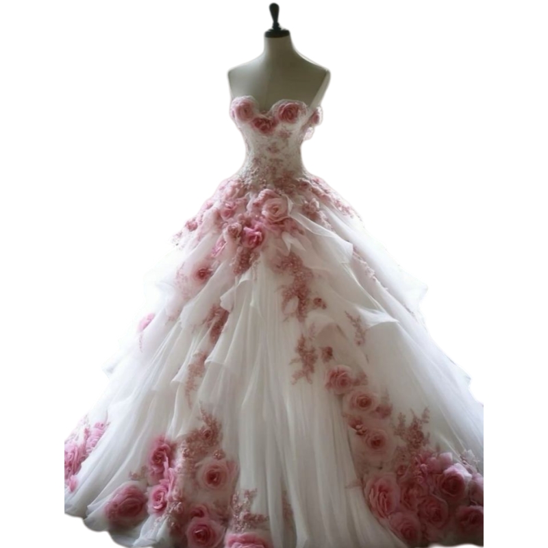 Romantic White And Pink A-Line Wedding Dresses With Pink Flowers Appliques Lace Details Draped Long Tulle Bridal Gown Floral Sweetheart Neckline Sleev
