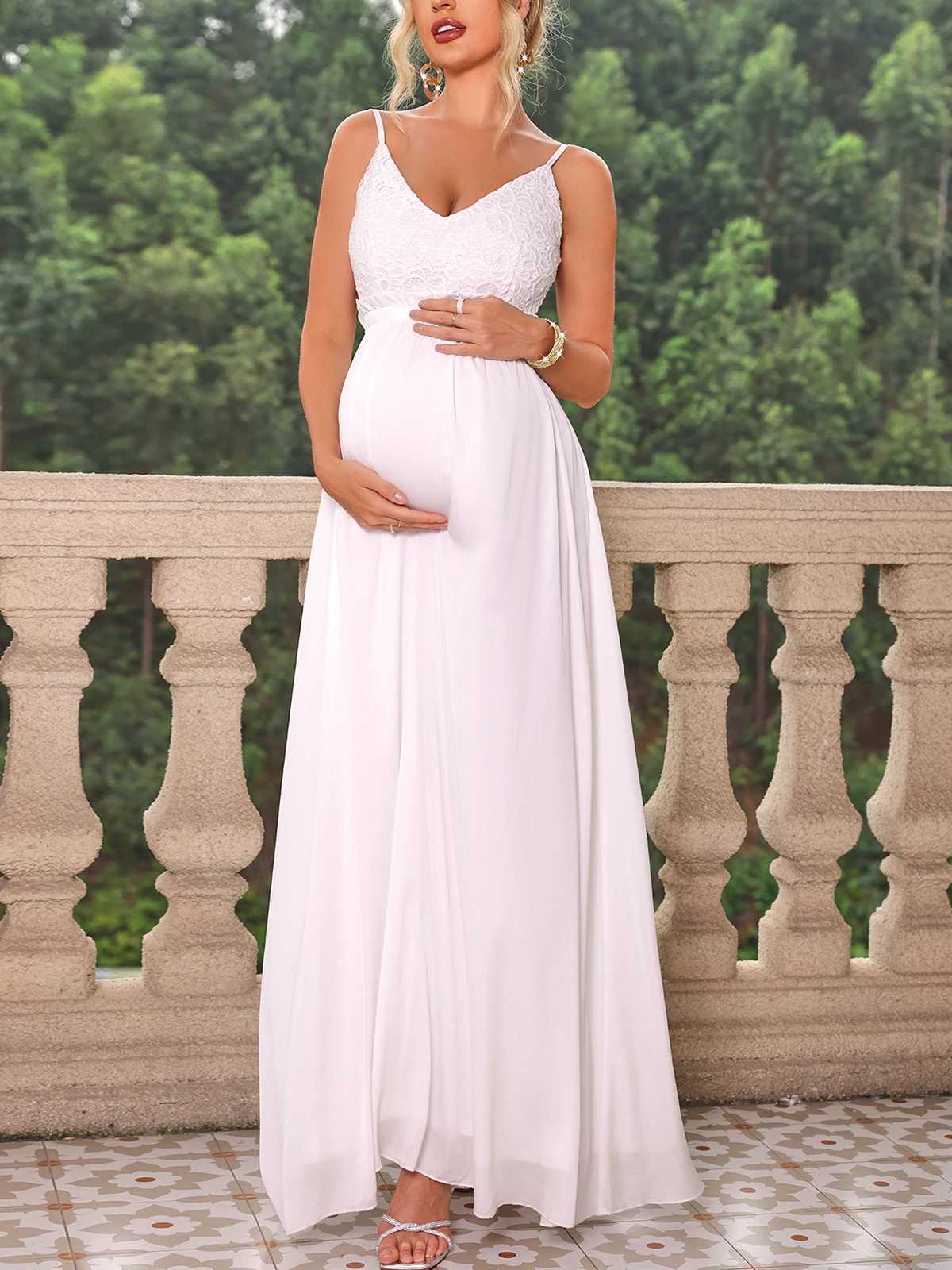 ItsRoya Embroidery Mesh Patchwork Maternity Dress Women V Neck Slim Elegant Photography Props Dress Evening Party Pregnant Gown X250224