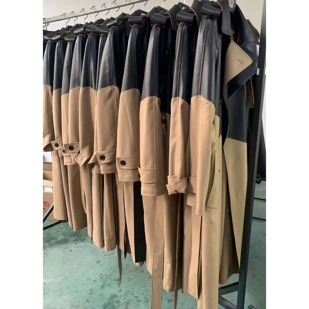 Autumn And Winter New Leather Patchwork Trench Coat With Temperament, Tie Up Waist, Double Breasted Buttons, Knee Length Jacket For Women