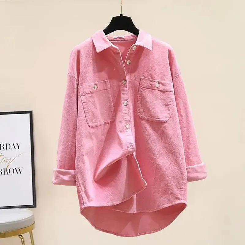 Pink Corduroy Cotton PoloNeck Single Breasted Long Sleeve Womens Blouse Shirt Casual Female Clothing Tops Fashion Autumn 250310