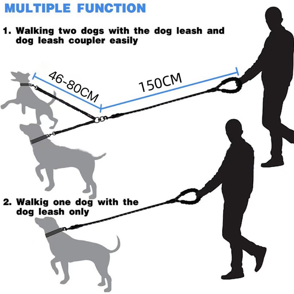 Durable Nylon Dual Dog Leash Large Dogs Anti-Pull Retractable Lead with Reflective ing for Safety and Comfort