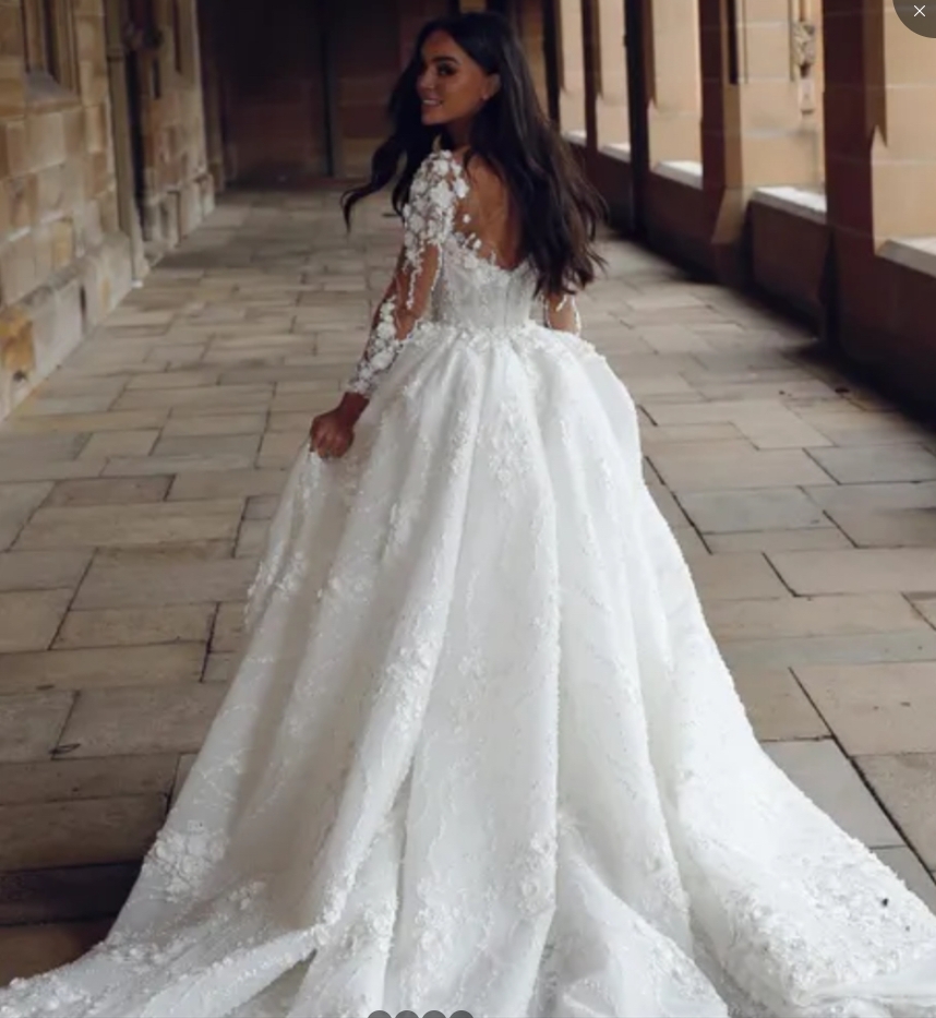 3D Floral Lace Princess Wedding Dresses With Detachable Train Long Sleeves Pretty Bridal Gowns Sheer Neckline Open Back Garden Flowers Vestido De Novi
