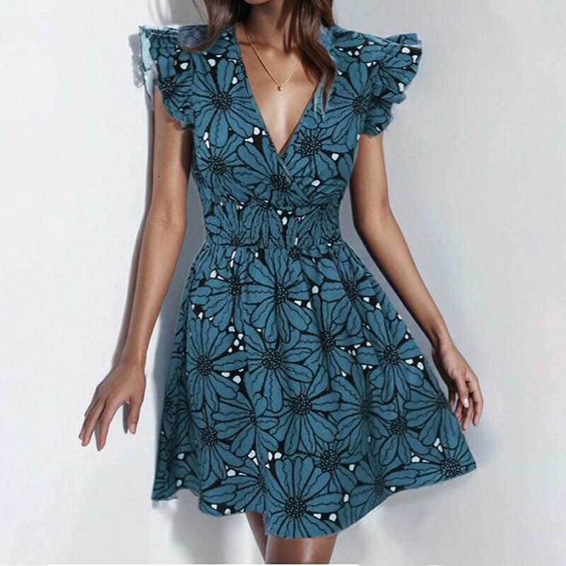 2025 Spring New Women's V-Neck Waist Collection Sexy Ruffle Printed French Dress KLMY