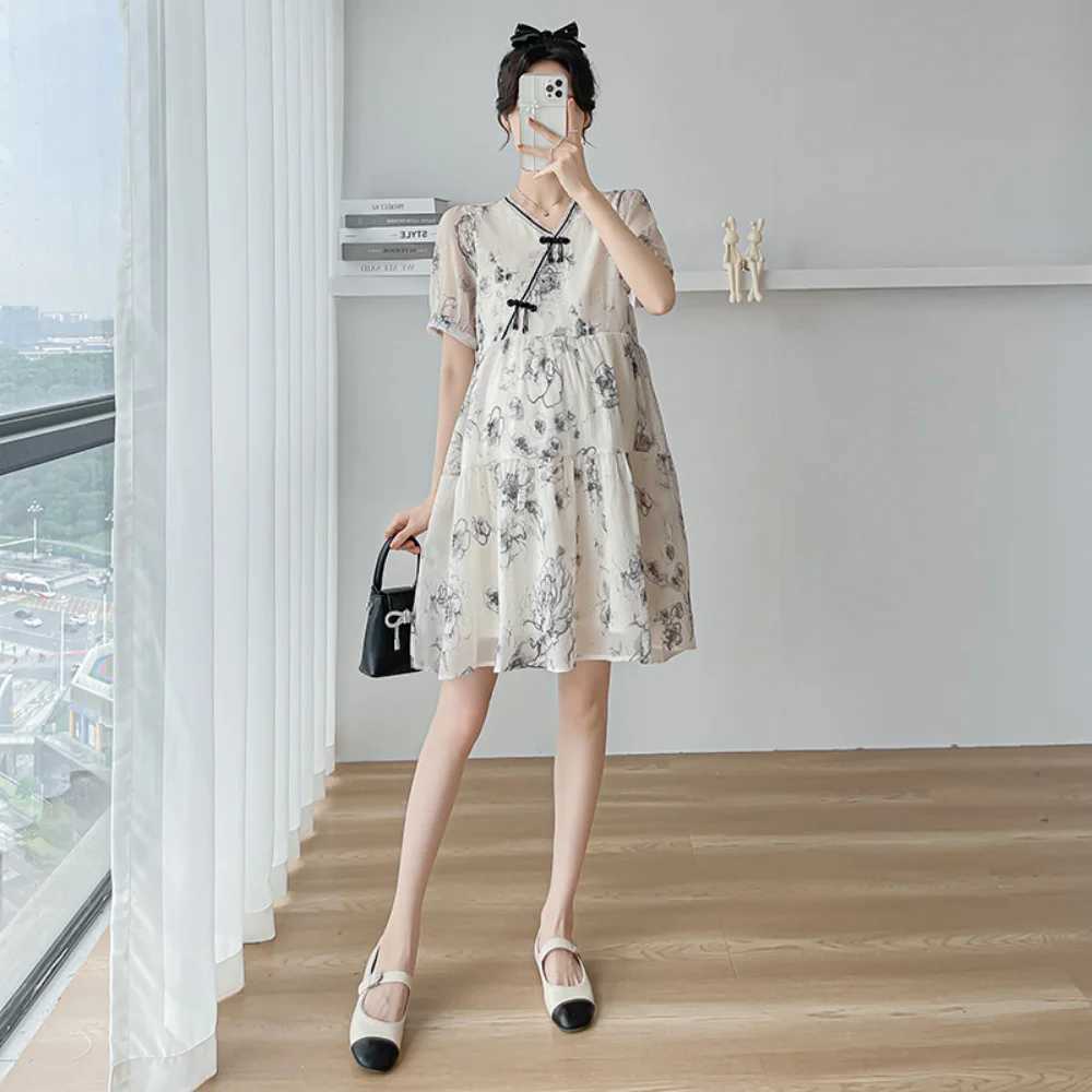 2024 Summer Fashion Maternity Clothes Pregnancy Chinese Style Dresses Short Sleeve Elegant Pregnant Woman vestidos de fotografiaT250311