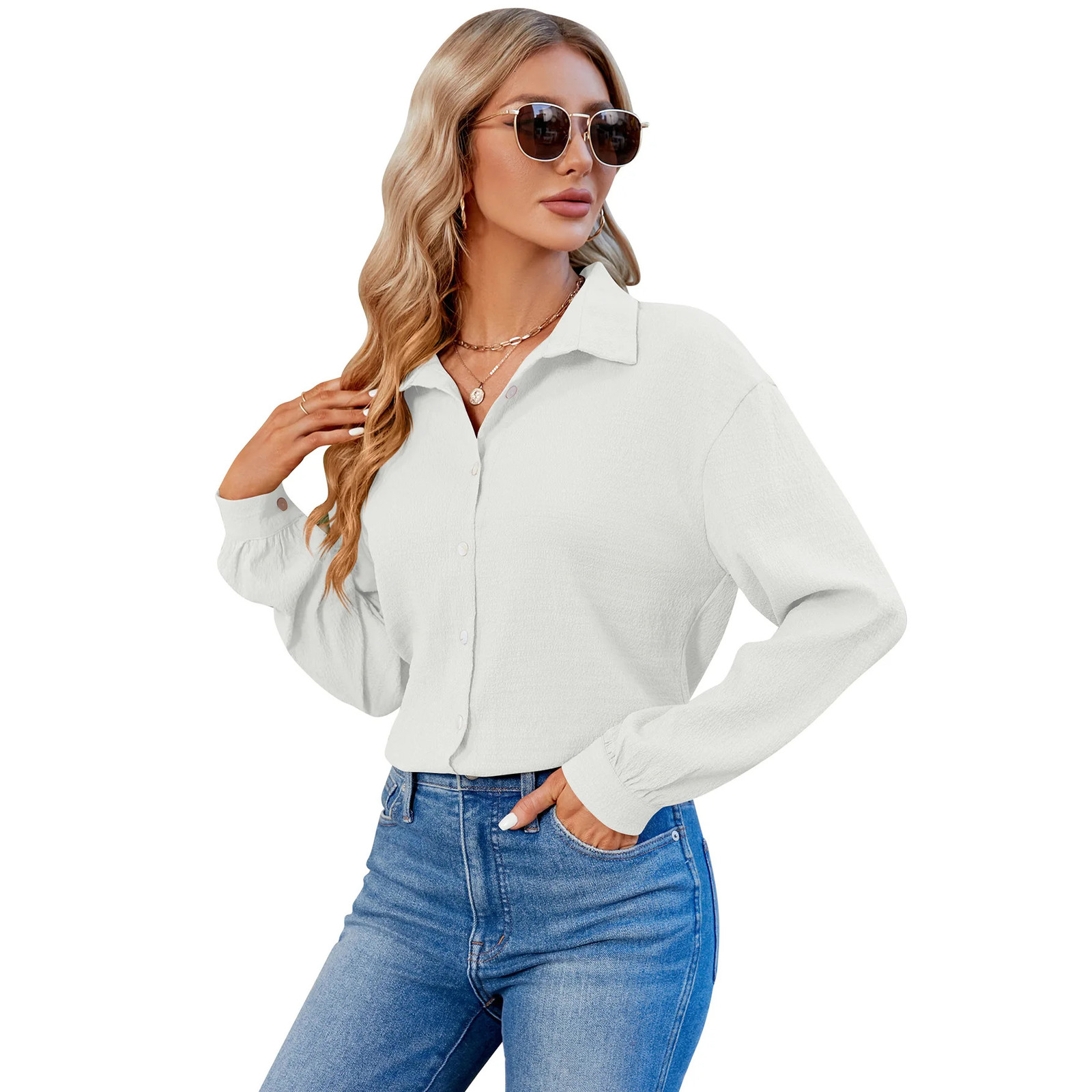 YJKDYK Spring Autumn Womens Blouses Top With Sleeves Female Solid Color Bubble Wrinkled Commute Loose Shirt 250311
