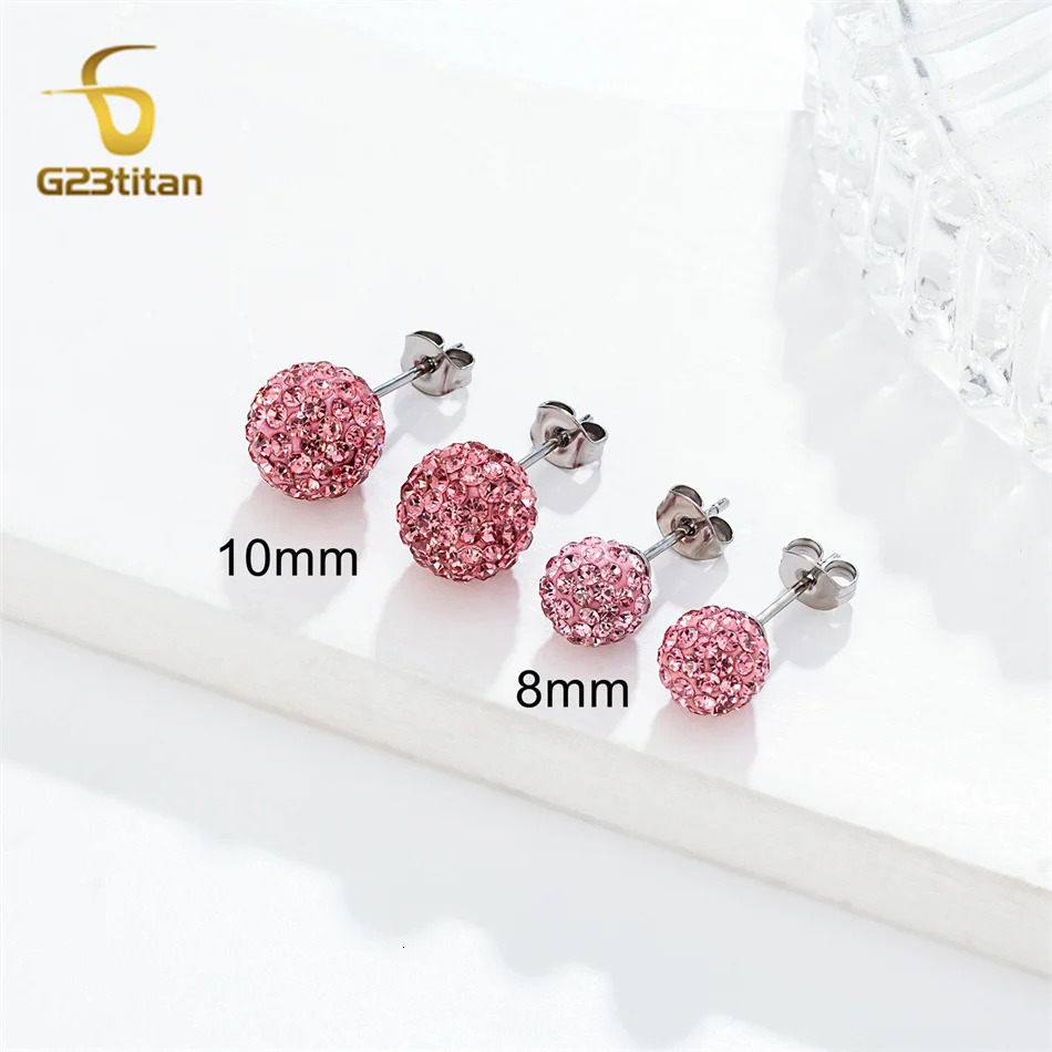 Rose Pink Crystal Clay Bead Earrings Shambhala Micro Pave Ball Hypoallergenic Ear Piercing Women Jewelry 250213