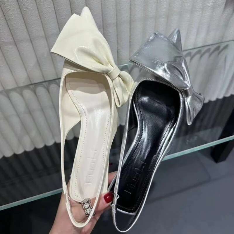 Bow Sandals Pointy Women's Bowknot Sgback Kitten Black Pointed Toe Satin Slip On Low Heels Casual Dress Shoes