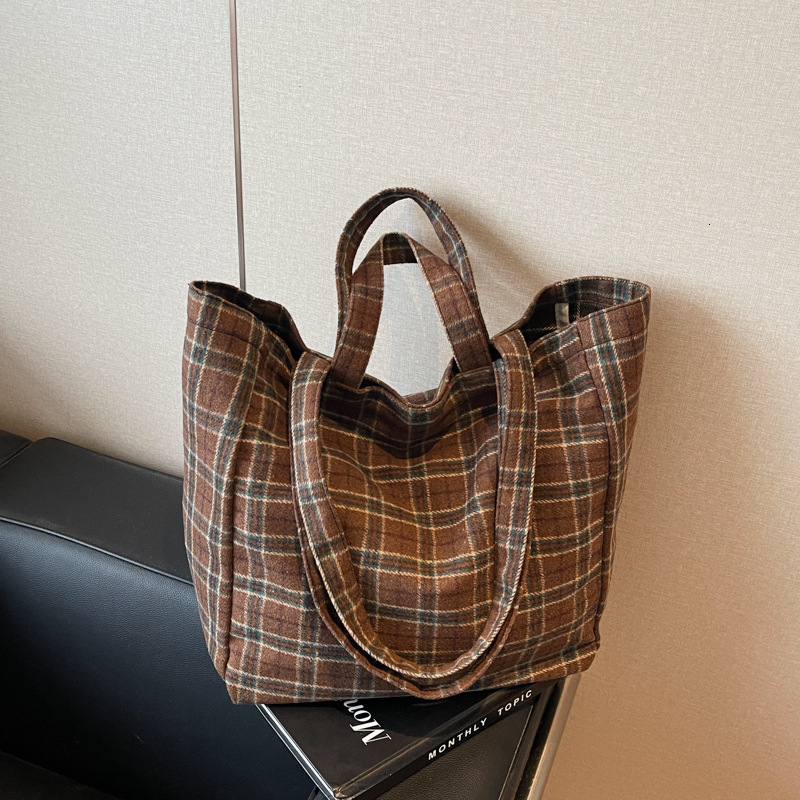 Free Shipping Large Capacity Tote Bag, Wool Plaid Fashionable Casual Handbag Multifunctional Commuting Shoulder Bag Women's Handbag