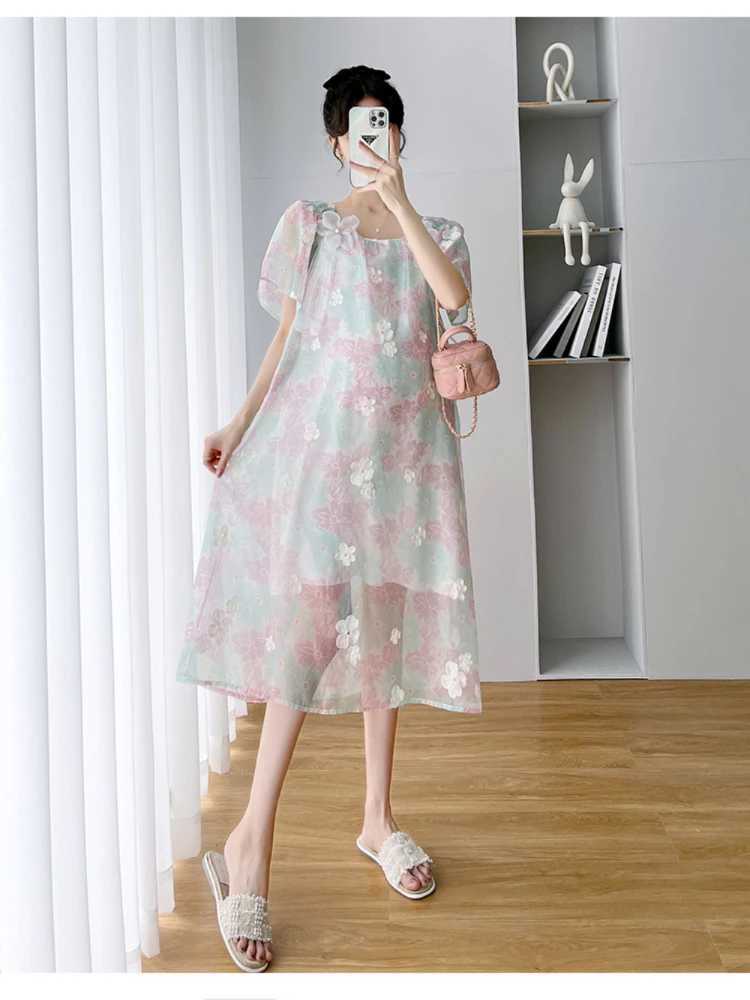Cute Flower Embroidery Maternity Dresses Summer Pregnant Women Clothes Print Pregnancy photoshoot dress Fashion VestidosT250311