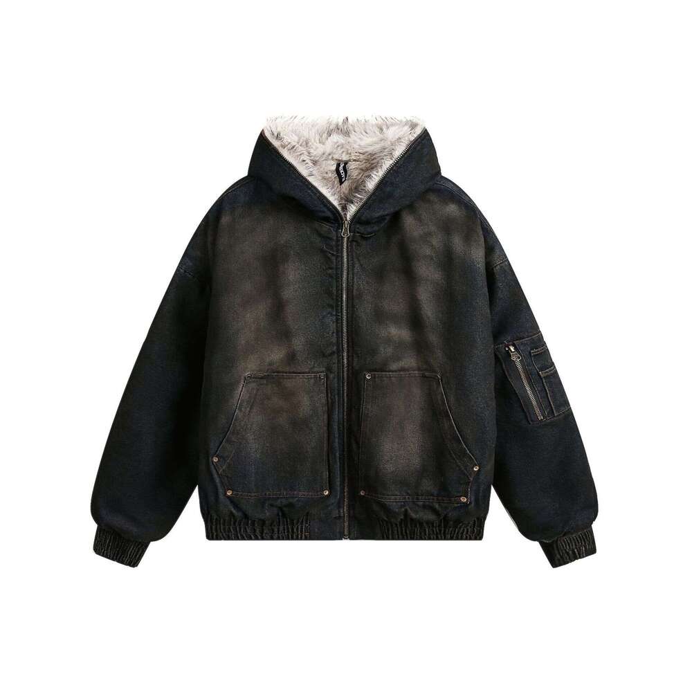 Jiayiku Men's 2024 New Winter Washed Denim With Velvet American Street Waste Soil Style Cotton Coat