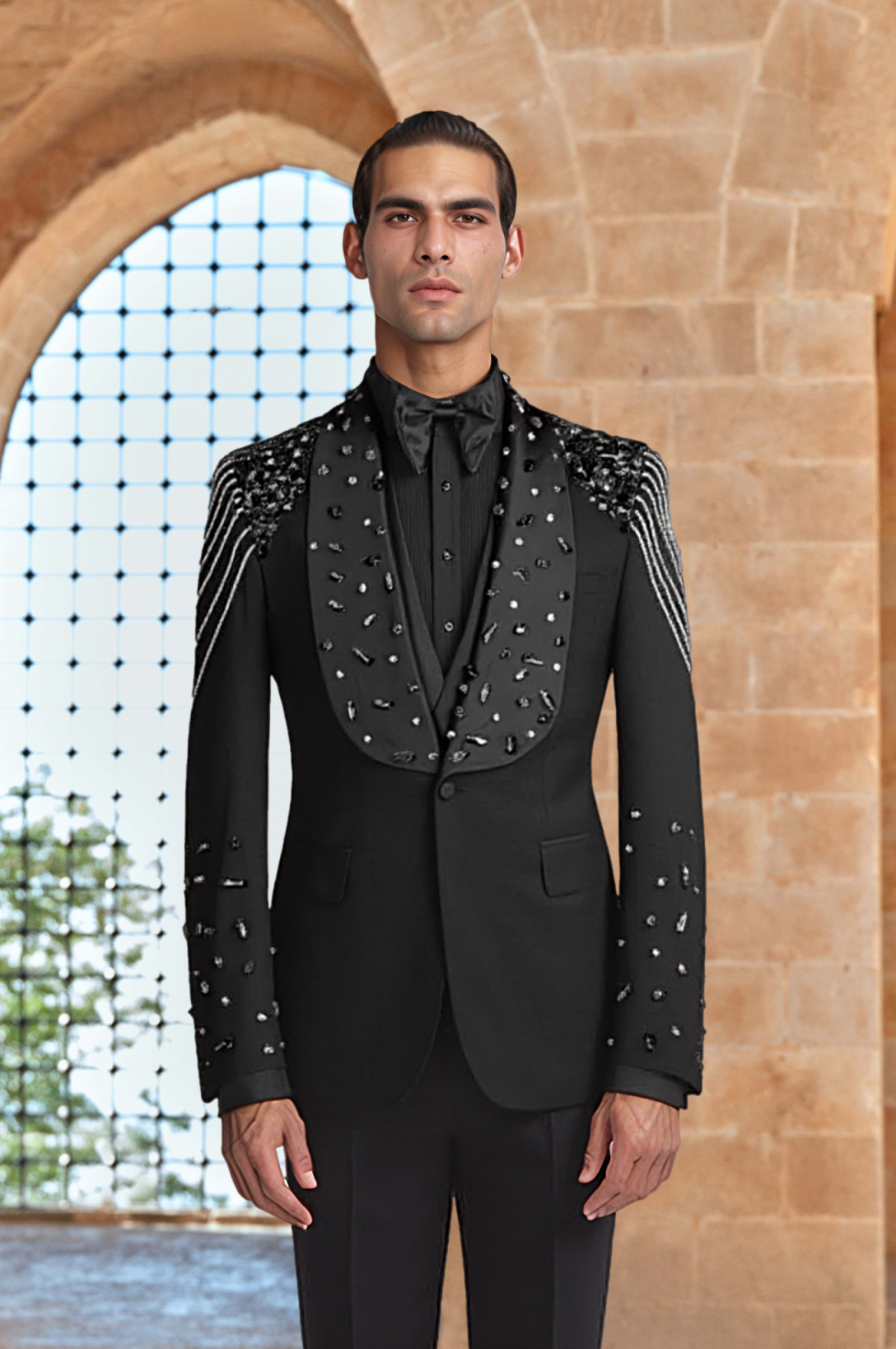 Fashion Wedding Tuxedos Beaded Crystal Men Suit Shawl Lapel 3 Piece Set Jacket Vest Pants Groom Business Blazers Customized