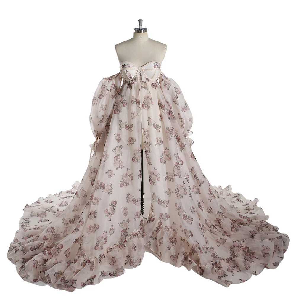 Print Floral Off Shoulder Front Slit Silk Organza Maternity Photoshoot Gown Long Train Dress for Pregnant Woman YEWEN YW240058 X250224