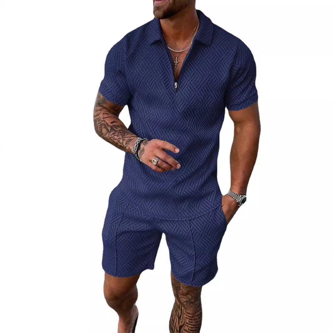 2024 mens new casual contrasting POLO zipper lapel shirt short sleeved set