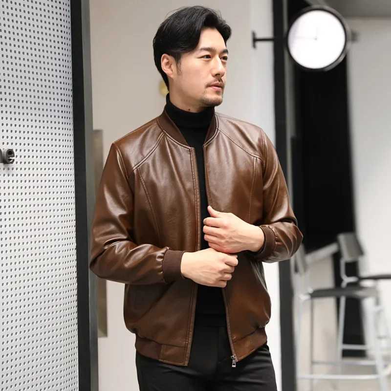 Casual Faux Leather Stand Collar Jacket For Men Thin Style Autumn/Winter Baseball Cap Pinned Leather VestT250311