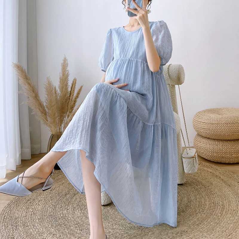 New Maternity Temperament Summer Long Sleeve Pleated Dress Block Color Patchwork Bow Collar Pregnant Woman Chiffon Dress LooseT250311