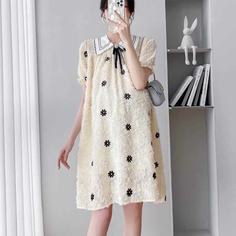 Maternity Summer Dress Fashion Floral Embroidered Lace Short Sleeve Dress Loose Casual Sweet Elegant Maternity Clothing DressT250311