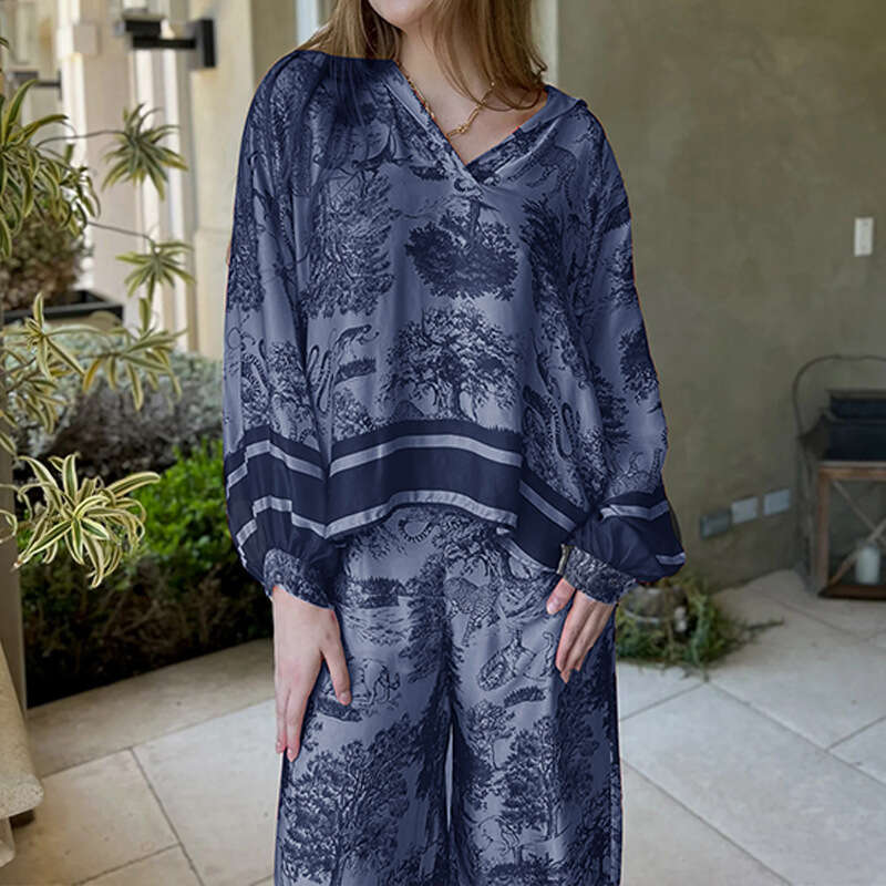 2025 Spring New Style V-Neck Printed Long Sleeve Pocket Casual Two Piece Set KLMY