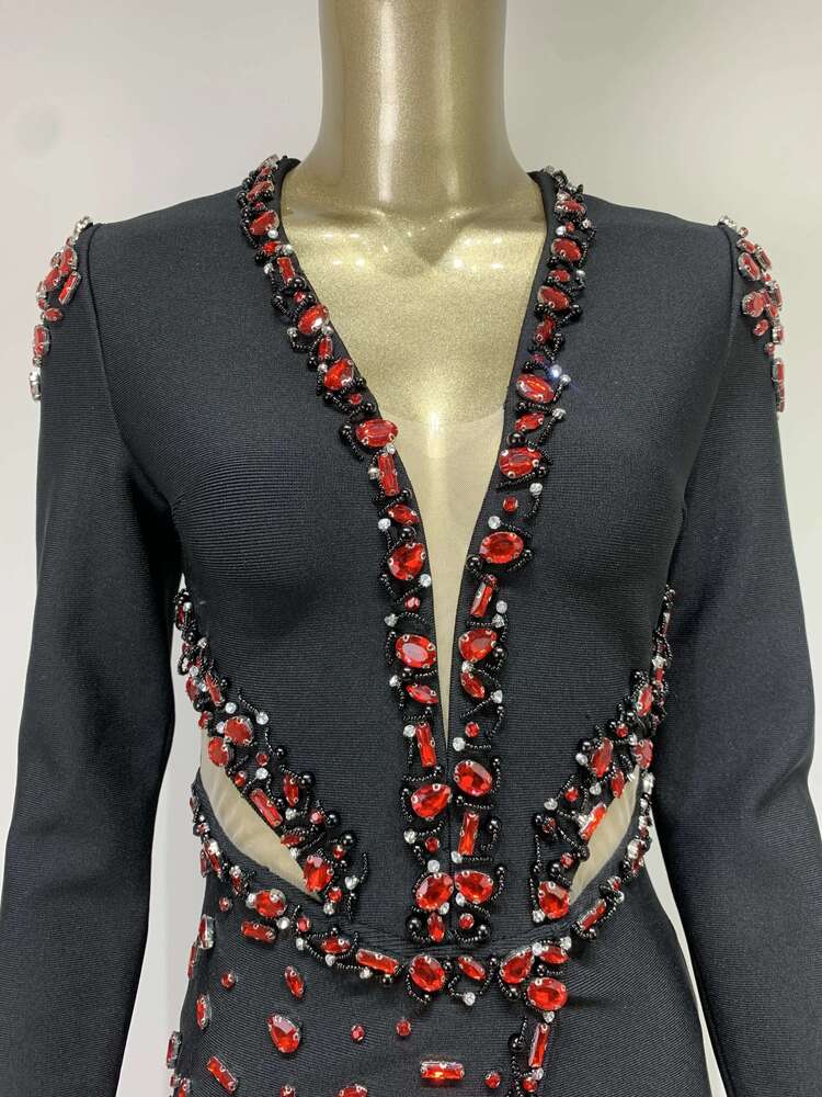 Women Celebrity Sexy Long Sleeve V Neck Rhie Beading Black Mini Bandage 2023 Elegant Evening Club Party Dress