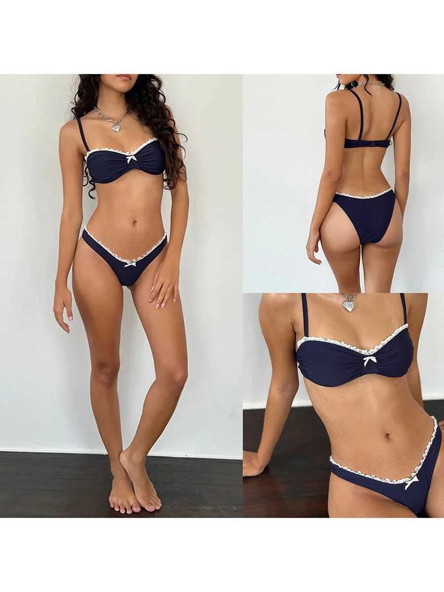 Womens 2 Piece Swimsuit Fashion Lace Trim Bow Bikini Set Summer Two Piece Bathing SuitT250310