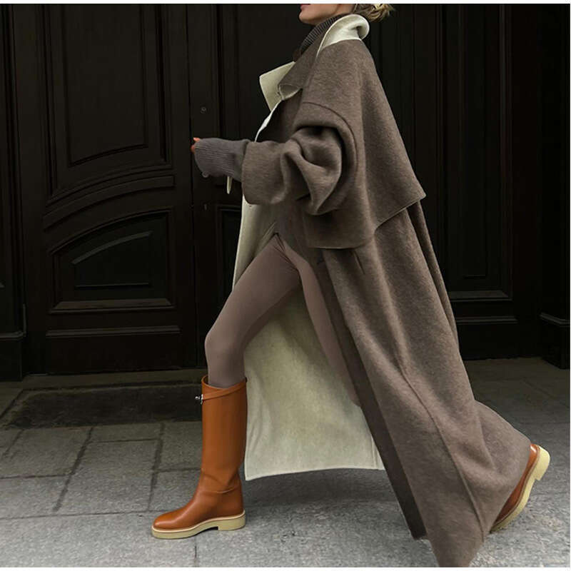 -Collar Woolen Coat, Fashionable Women's Autumn And Winter Temperament Elegant Long Coat