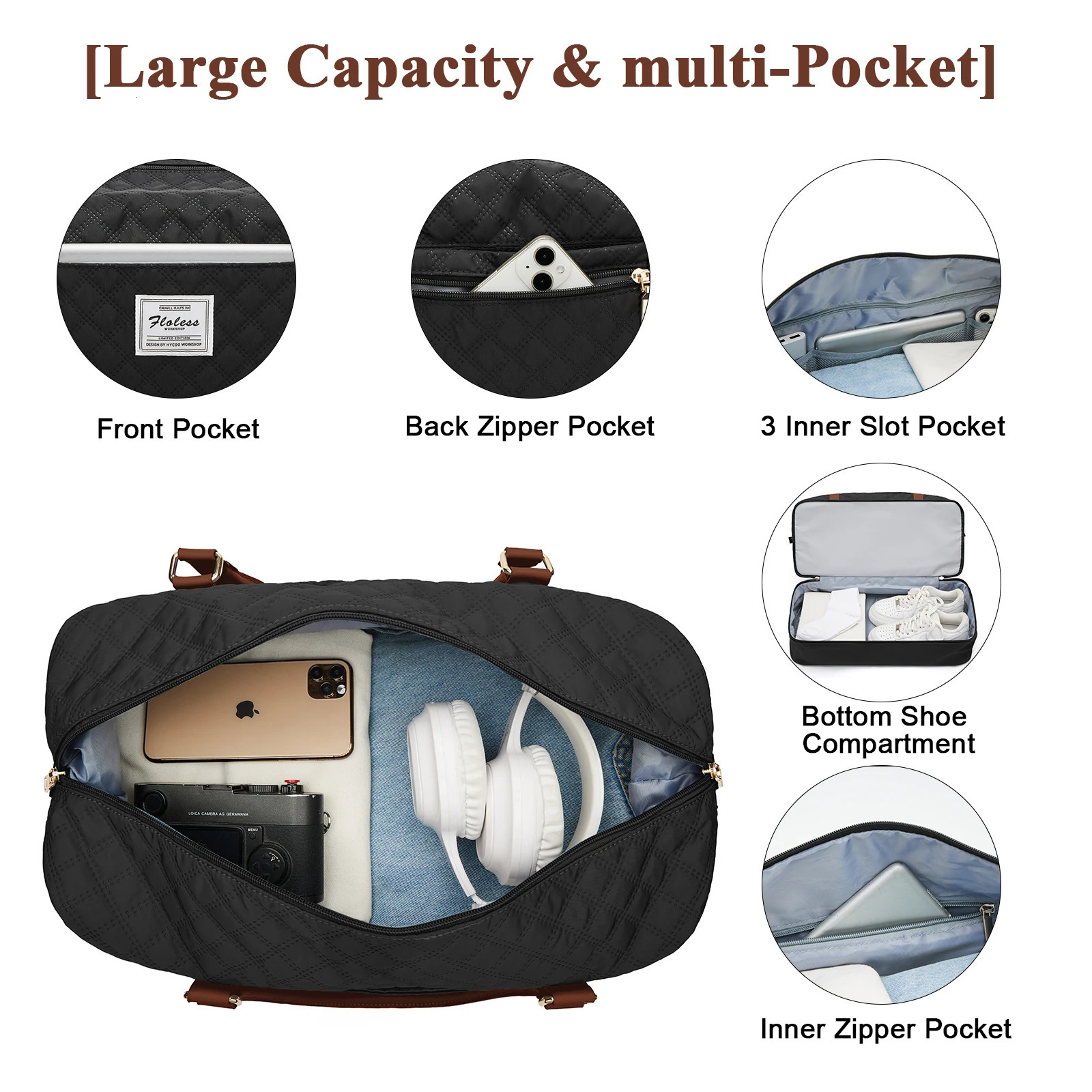 Weekender Womens Large Travel Luggage Handbag with Shoes Essential Overnight Hospital Bag 250311