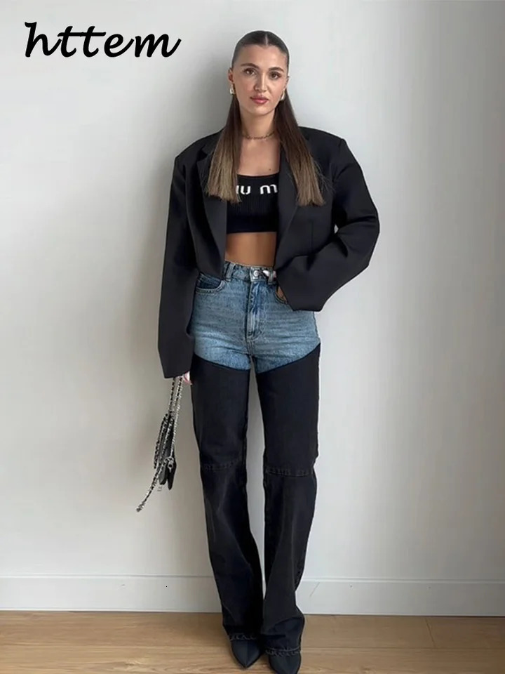 Street womens spliced straight jeans high waisted zipper pocket denim pants springsummer Y2k hiphop Trouser 250310