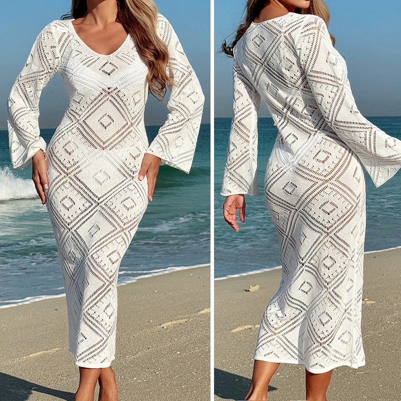 Beach Vacation Deep V Diamond Hollow Slim Fit Long Sleeved Dress With Flared Sleeves And Sun Protection Cover