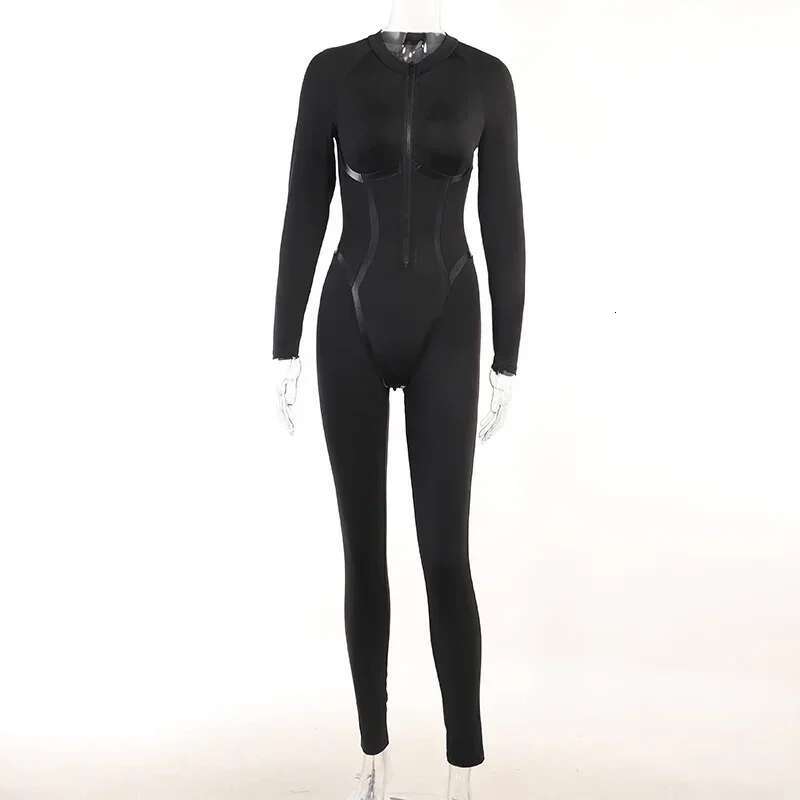 XIAOTANG Black Sexy Skinny Jumpsuit Women Overalls O Neck Full Sleeve Zipper Sporty Jumpsuits Ladies Fashion Rompers Streetwear